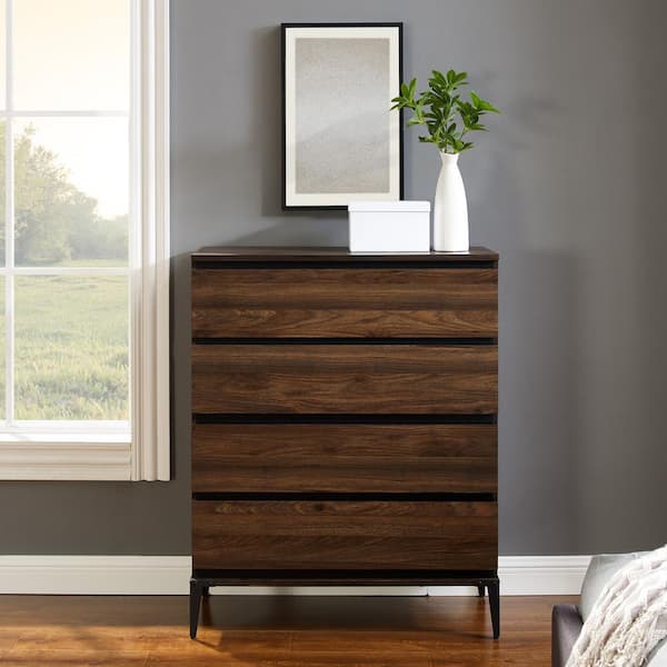 4 Drawer Dark Walnut Wood Dresser, 36 Inch Dresser