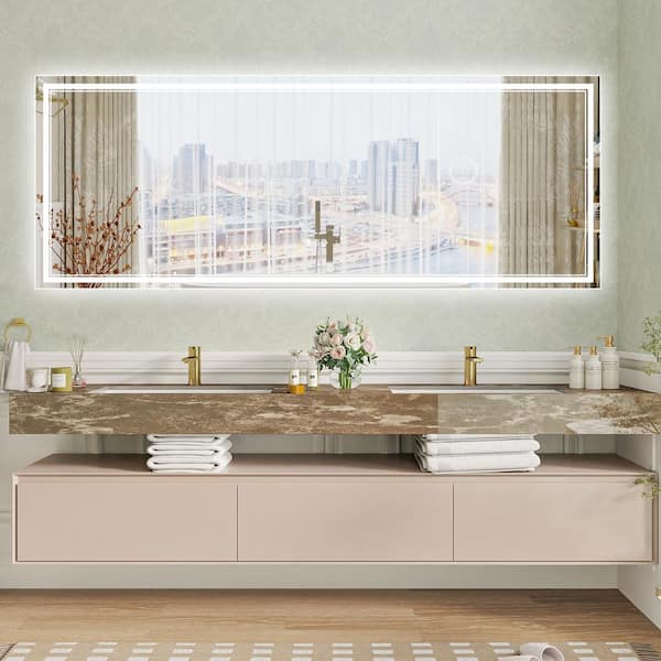 ANGELES HOME 84 in. W x 32 in. H Rectangular Frameless Anti-Fog Backlit Front Lighted Wall LED Bathroom Vanity Mirror, Tempered Glass