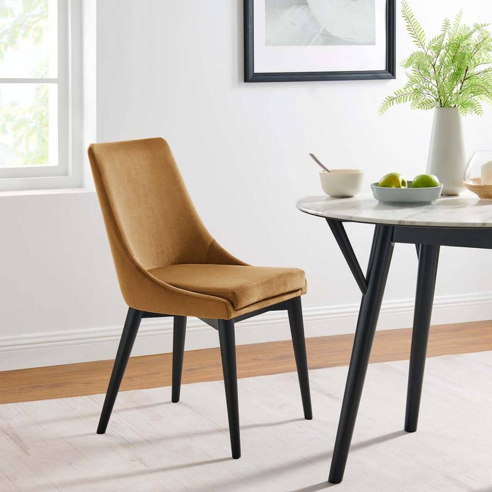 Cognac Velvet Upholstered Dining Chair with Black Wood Legs
