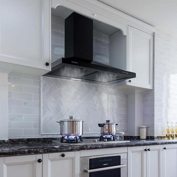 24 in. 350CFM Ducted Insert Range Hood in Black Stainless Steel Wall Mount Range Hood Tempered Glass LED Lights