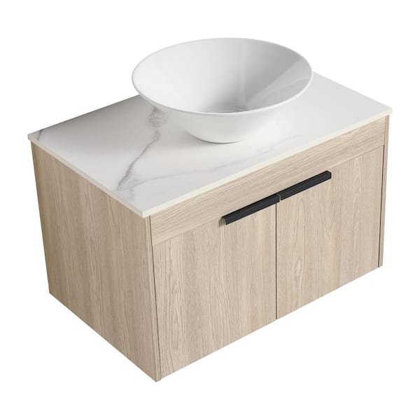 INSTER PETIT 29.5 in. W x 18.9 in. D x 24 in. H Single Sink Floating Bath Vanity in Oak with White Stone Top and Ceramic Sink