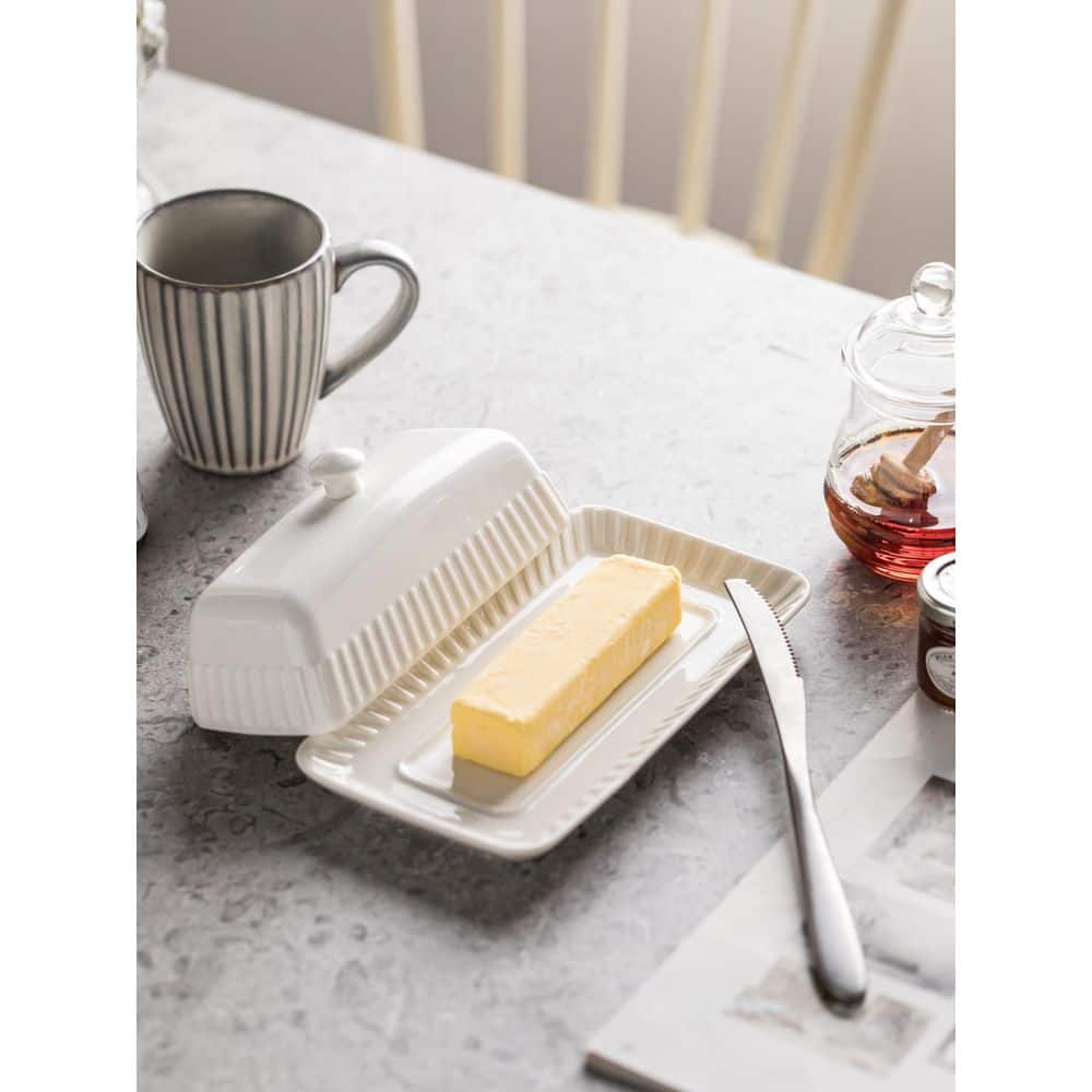 Wudkey 4 oz. White Ceramic Butter Dish with Striped Pattern and