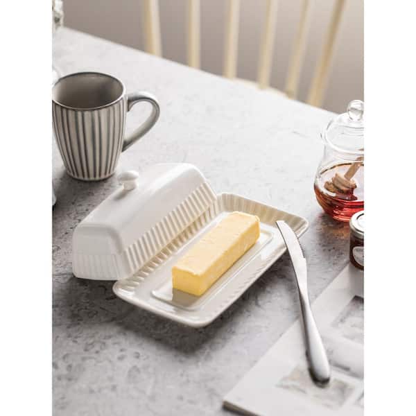 4 oz. White Ceramic Butter Dish with Striped Pattern and Lid for Countertop, White Butter Tray with Handle