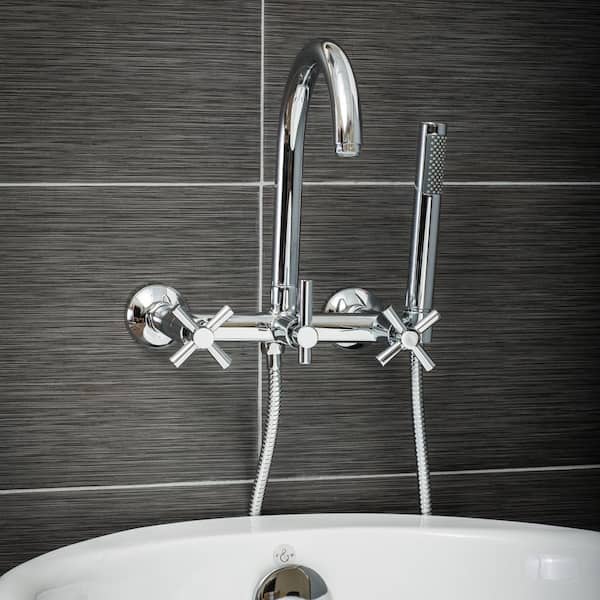 PELHAM & WHITE Modern 3-Handle Wall Mount Tub Faucet with Handshower and Hose, Cross Handles, in Chrome