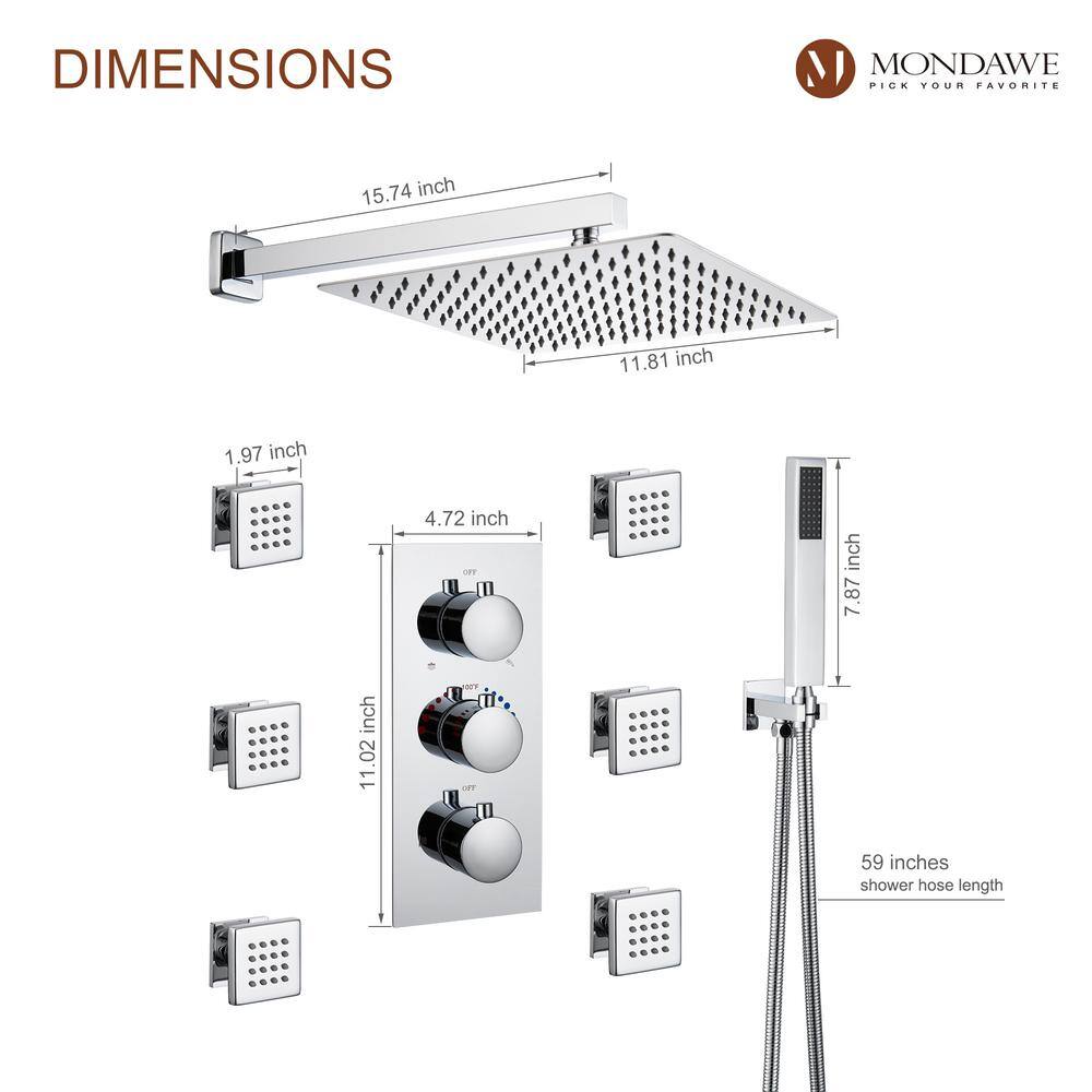 12 Inch Chrome LED Wall Mounted Rain Shower System with Handheld and Body Jets
