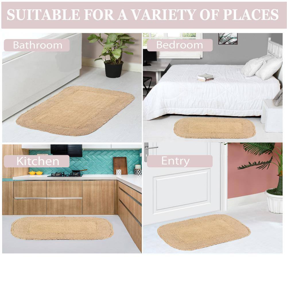 Beige Cotton Ruffle Pattern Tufted Bath Rug Set