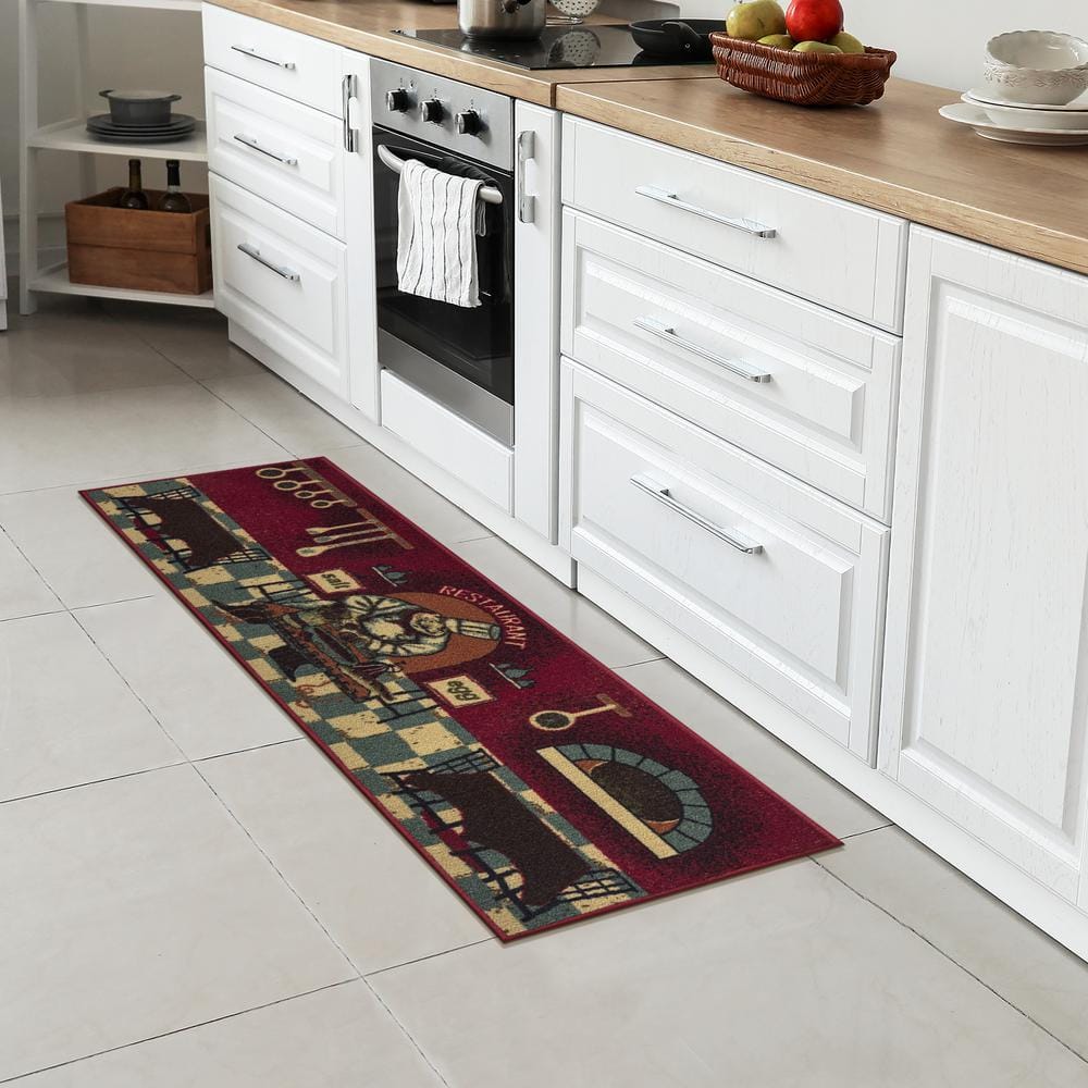 Red Chef Design Non-Slip Kitchen Runner Rug, 20" x 59"