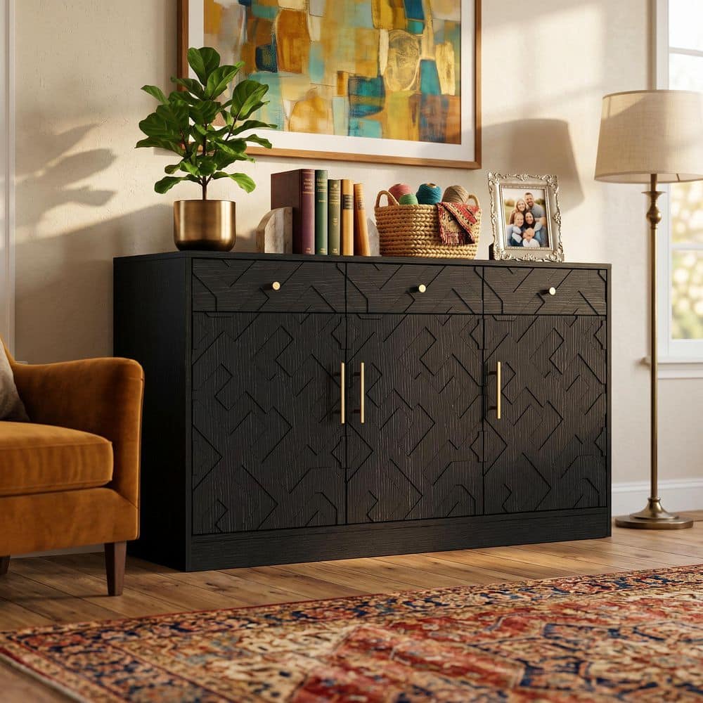 Black Wood 47.2 in. W Sideboard Buffet Cabinet with 3-Drawers, Adjustable Shelves and Gold Handles, Geometric Design