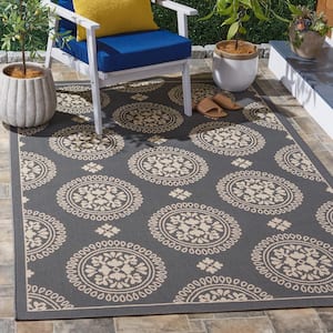 Courtyard Gray 7 ft. x 7 ft. Floral Geometric Indoor/Outdoor Square Area Rug