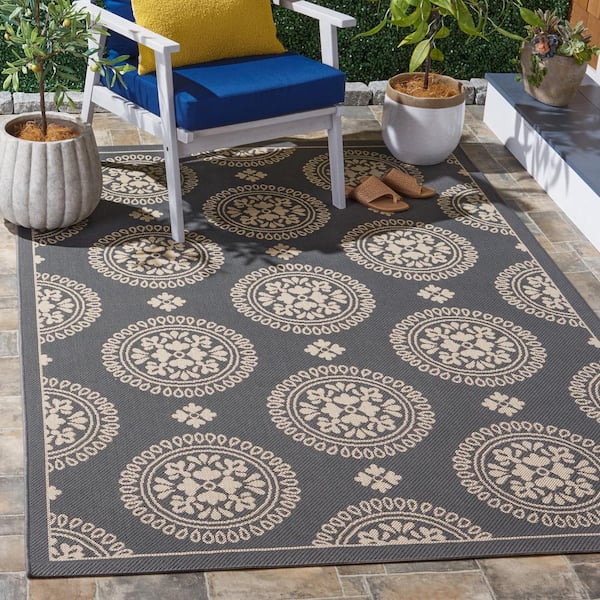 Courtyard Gray 9 ft. x 12 ft. Floral Geometric Indoor/Outdoor Area Rug