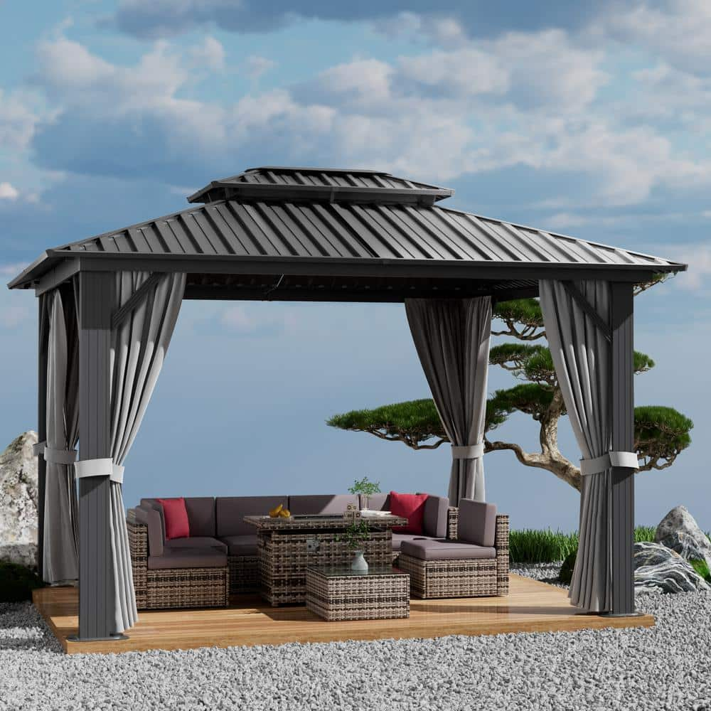 Sizzim 10 ft. x 13 ft. Hardtop Outdoor Double Roof Furniture Gazebo with  Netting&Curtains for Backyard Wedding Garden G30002 - The Home Depot