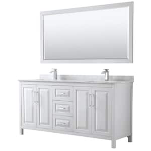 Daria 72 in. Double Bathroom Vanity in White with Marble Vanity Top in Carrara White and 70 in. Mirror