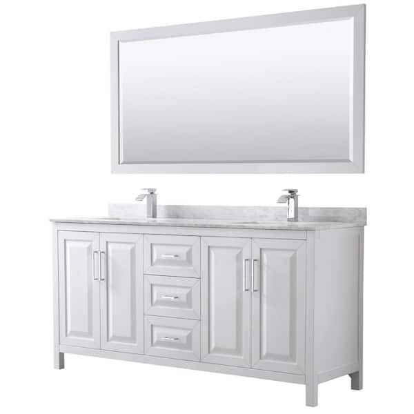 Wyndham Collection Daria 72 in. Double Bathroom Vanity in White with Marble Vanity Top in Carrara White and 70 in. Mirror