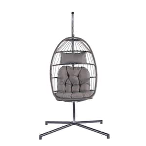 Anky 3.4 ft. D 1-Person Gray Wicker Free Standing Hanging Egg Chair Patio Swings Hammock Chair with Light Gray Cushions