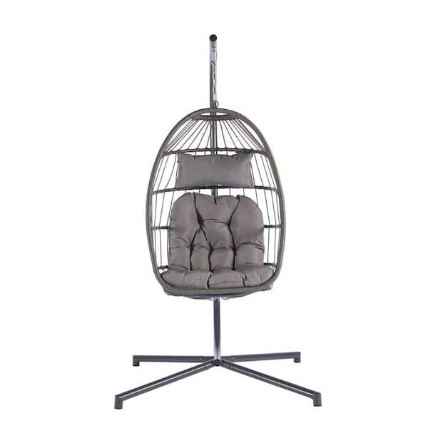 Miscool Anky 3.4 ft. D 1-Person Gray Wicker Free Standing Hanging Egg Chair Patio Swings Hammock Chair with Light Gray Cushions