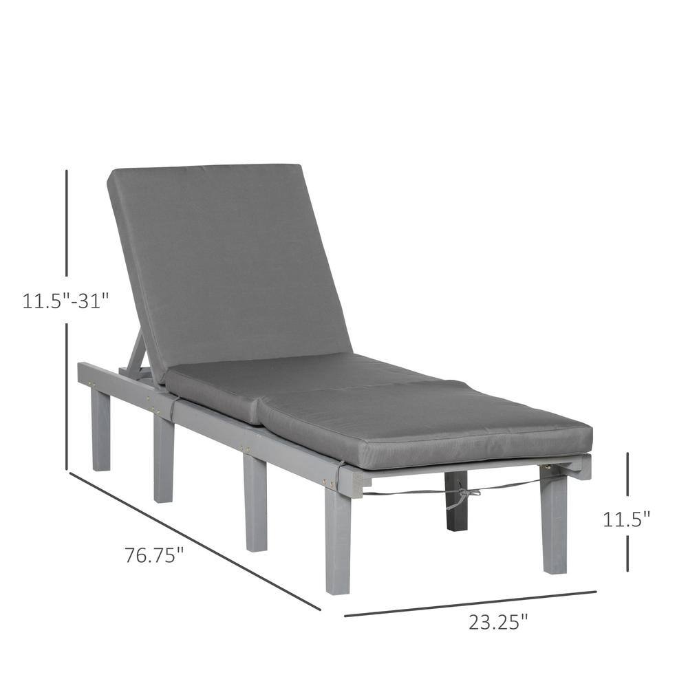 Gray Wood Outdoor Chaise Lounge with Adjustable Backrest and Cushions