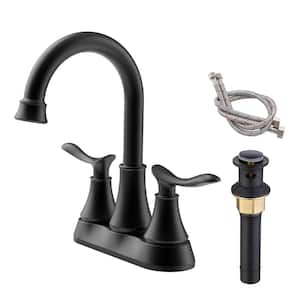 4 in. Centerset Double-Handle High Arc Bathroom Faucet with Pop-up Drain and Supply Hoses in Matte Black