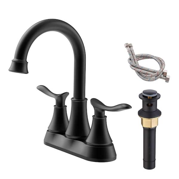 GIVING TREE 4 in. Centerset Double-Handle High Arc Bathroom Faucet with Pop-up Drain and Supply Hoses in Matte Black