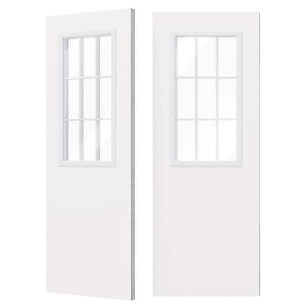60 in. x 80 in. Universal/Reversible 9 Lite Tempered Clear Glass White Primed Pine Wood Front Door Slab, Can be painted