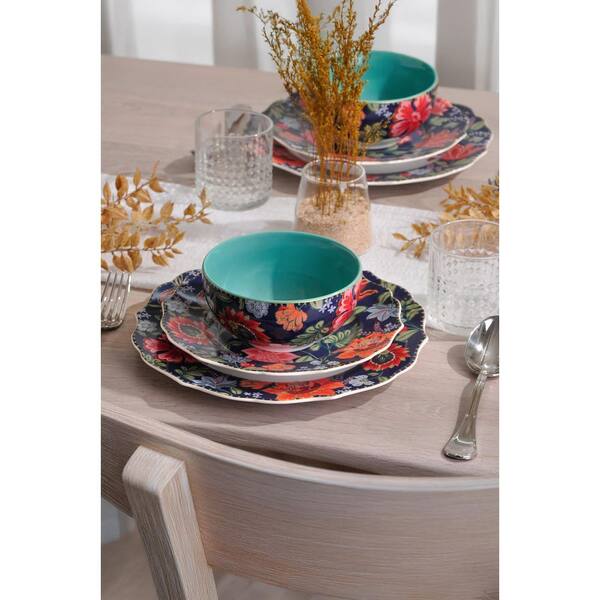 222 Fifth Chintz 12-Piece Porcelain Dinnerware Set, Blue, Round
