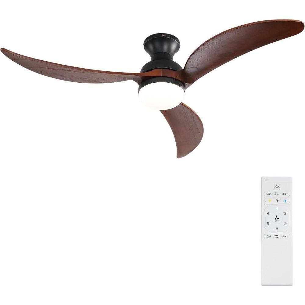 52 in. Brown Modern Indoor Ceiling Fan With 3 Color Dimmable Solid Wood Bla