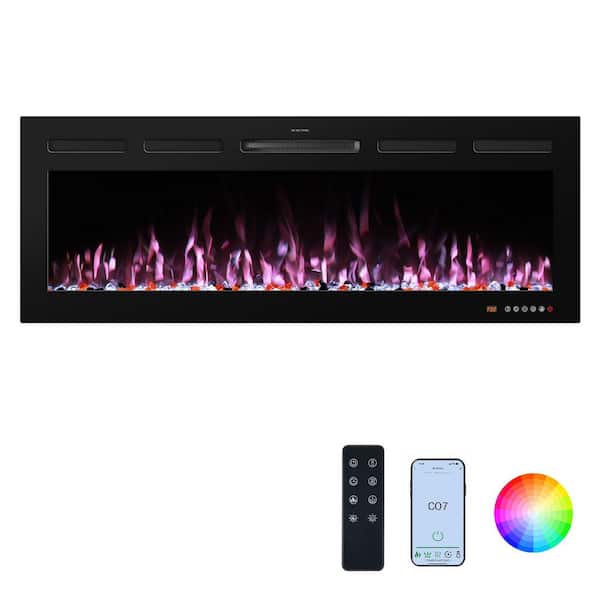 48 in. Smart Electric Fireplace Inserts Recessed and Wall Mounted Fireplace with Remote in Black