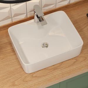 Rectangular 19 in. Ceramic Vessel Bathroom Sink Art Basin in Glossy White with Single Facuet Hole