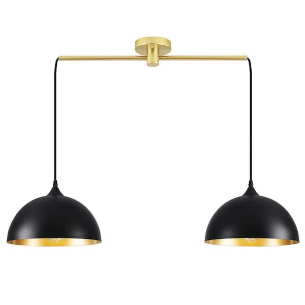 ADSENSTY 2-Light 34.64 in. Black Gold Modern Dome Pendant Light with Metal Shade, No Bulbs Included