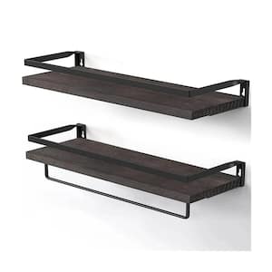 16.5 in. W x 3.2 in. H x 5.9 in. D Solid Wood Rectangular Floating Wall Shelf in Dark Brown with Towel Bar (Set of 2)