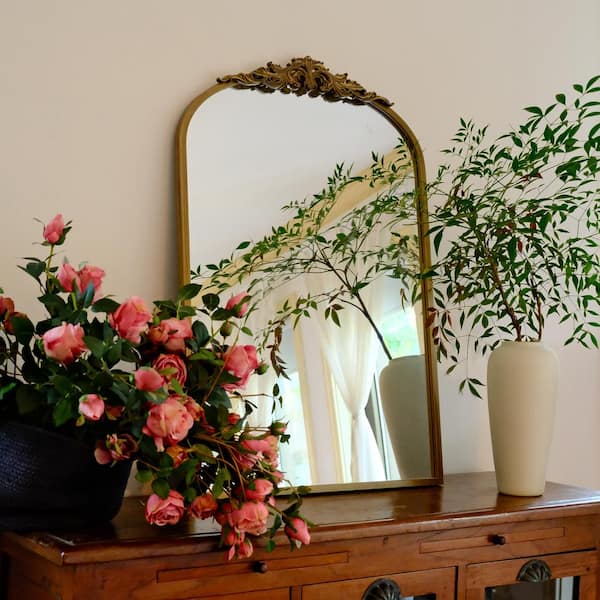 LuxHomez 23.6 in. W x 35.4 in. H Traditional Arch Antique Gold Metal Frame Decorative Mirror