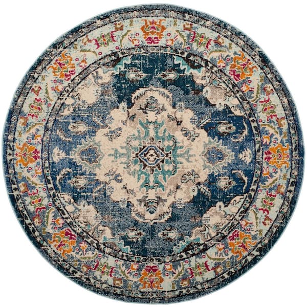 Monaco Navy/Light Blue 11 ft. x 11 ft. Distressed Border Medallion Round Area Rug
