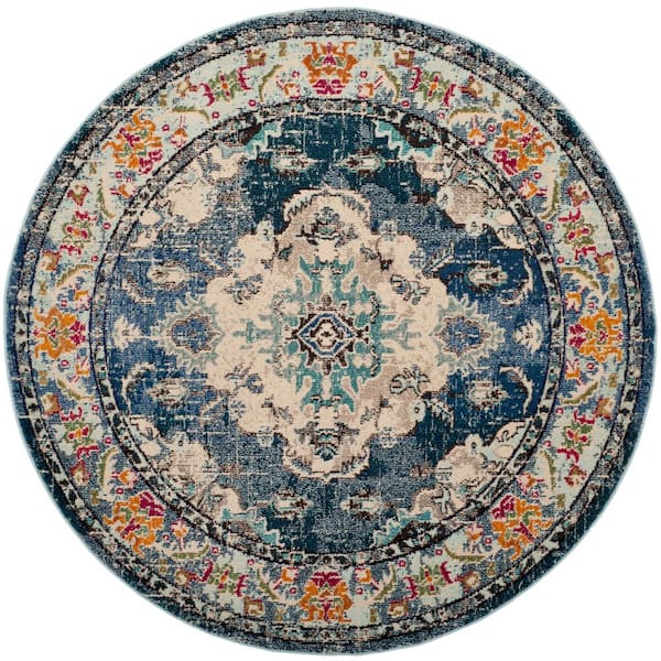 SAFAVIEH Monaco Navy/Light Blue 11 ft. x 11 ft. Distressed Border Medallion Round Area Rug