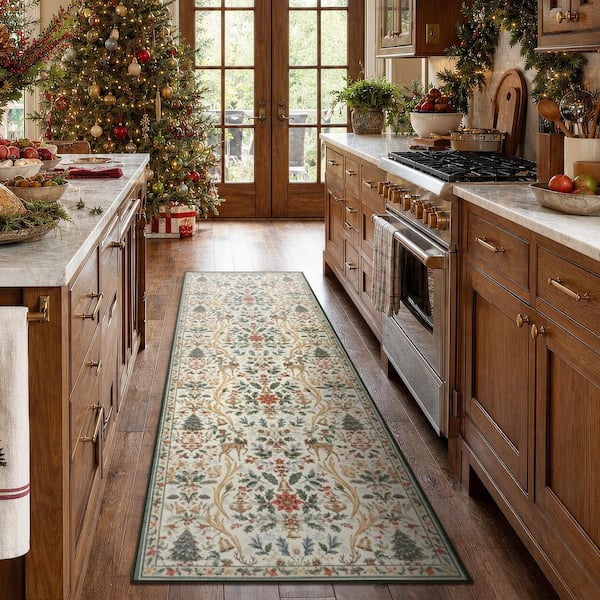 Vintage Christmas Woodland Floral Pattern Non Slip Beige 2 ft. x 6 ft. Living Room/Bedroom Indoor Area Rug