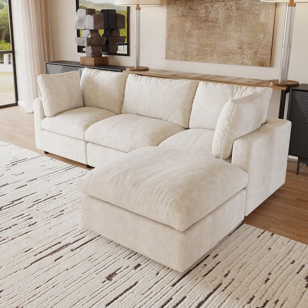 Modular Cloud Couch,101 in. Square Arm Chenille L-Shaped Sofa with Chaise Ottoman,Washable Covers for Apartment in Beige