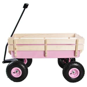 3 cu. ft. Metal Outdoor All Terrain Pulling Garden Cart with Wooden Railings in Pink