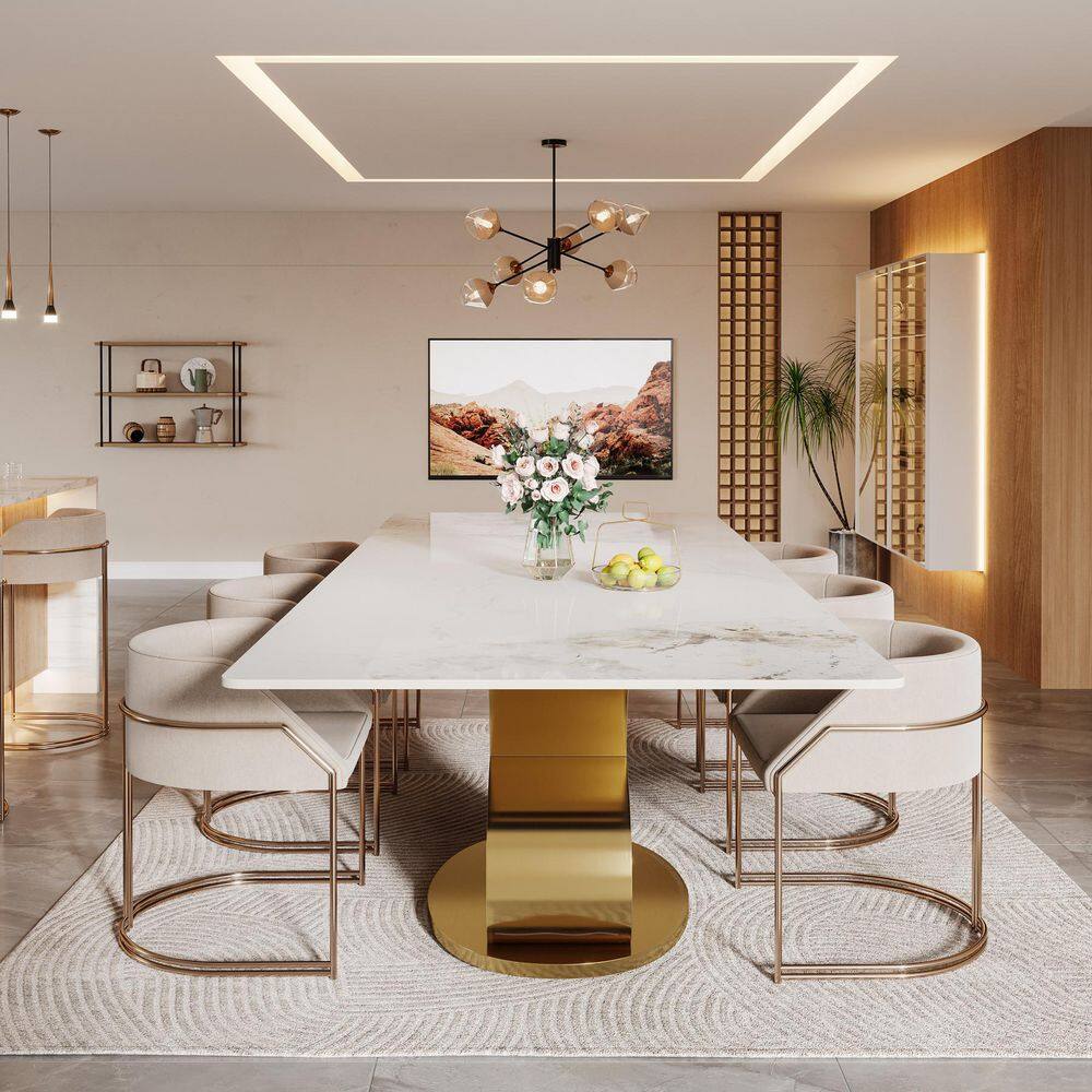 Roesler Modern Luxury Sintered Stone 78.74 in. Pedestal Base Dining Table Seats 10 with Natural Tan Veining Tabletop