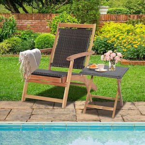 Folding Rattan Outdoor Chaise Lounge Chair with Retractable Footrest and Acacia Wood Table