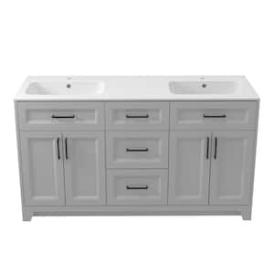 60 in. W x 21.81 in. D x 34 in.H Solid Wood Bath Vanity with Glossy White Solid Surface Top, Drawers, Double Sink, Gray