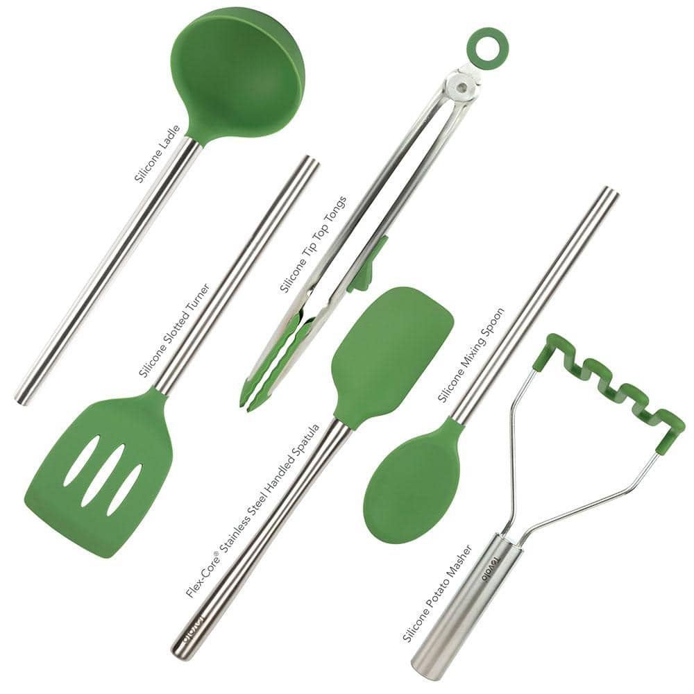 Pesto Green Stainless Steel Silicone Cooking Utensil Set, 6 Pieces