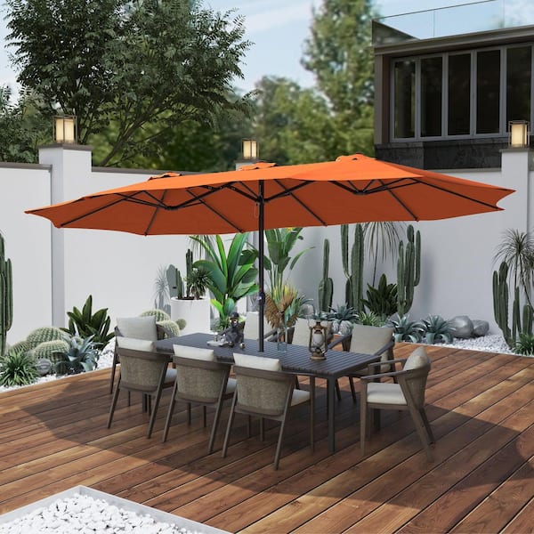 Unbranded 15 ft. Steel Market Patio Umbrella Double-Sided Twin Large Patio Umbrella with Base in Orange
