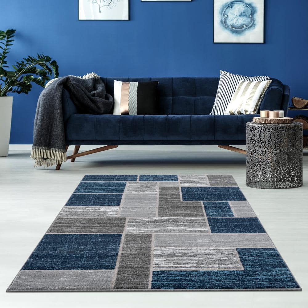 Retro Modern Blue Geometric 8' x 10' Synthetic Area Rug