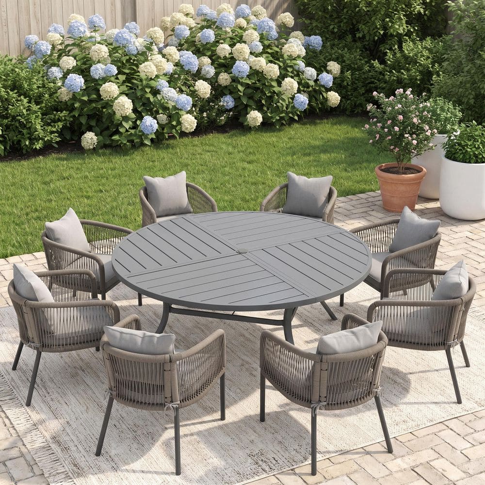 9-Piece 59.8 in. Gray Metal Round Outdoor Dining Set with Umbrella Hole, 8 Rattan Rope Chairs with Cushions in Gray price history on PriceWatchPro