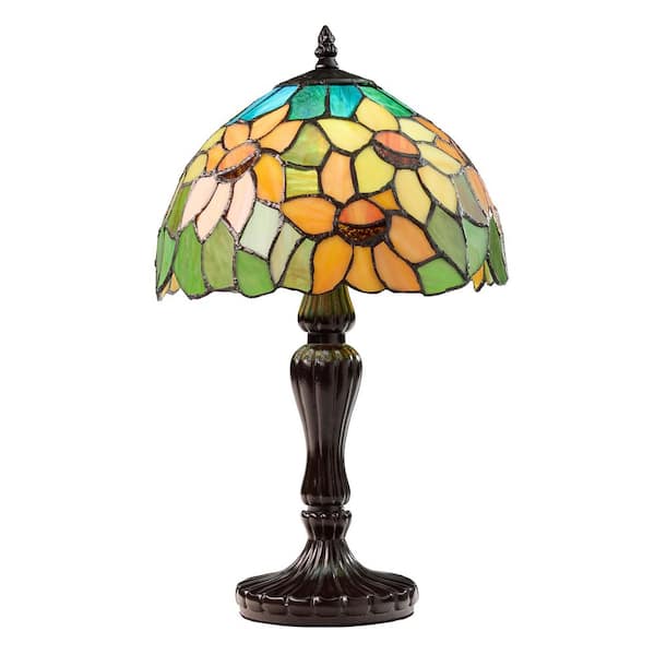 Sunflowers 16.5 in. Brown Candlestick Table Lamp with Multicolor Stained Glass Shade