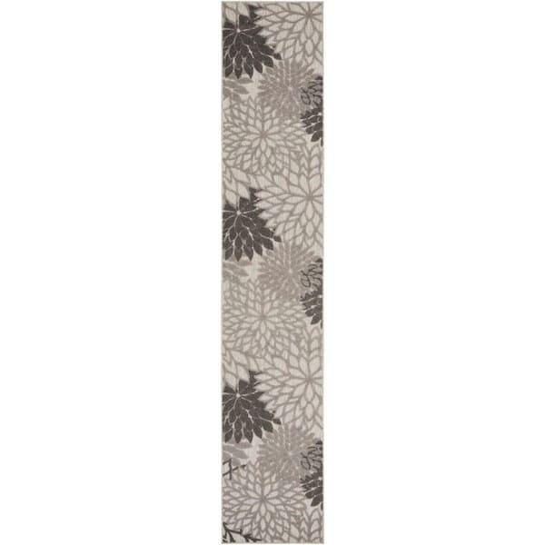 Nourison Aloha Gray 2 ft. x 10 ft. Kitchen Runner Floral Modern Indoor/Outdoor Patio Area Rug