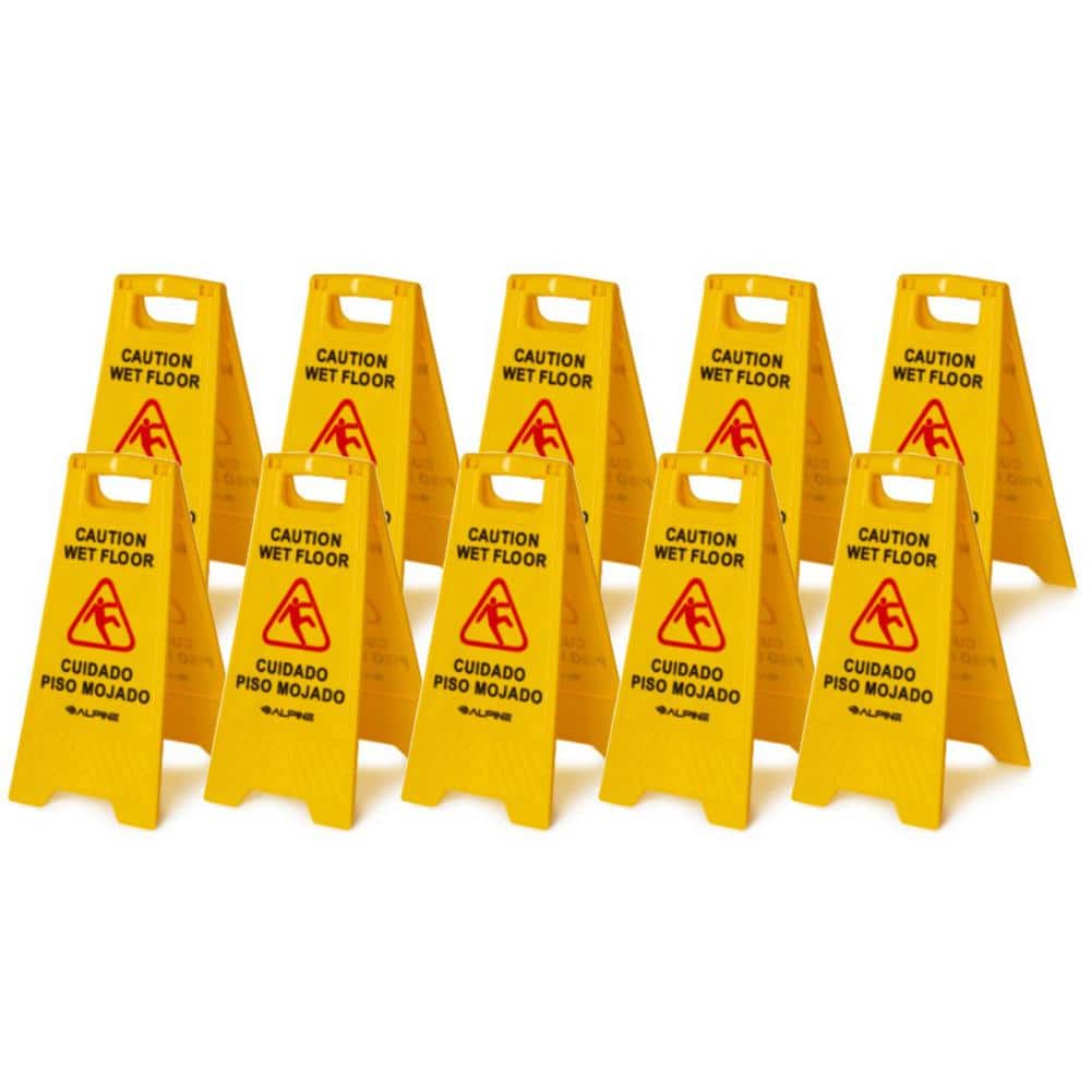 A-Frame Bright Yellow Warning Sign Alpine Industries 24-Inch Caution Wet Floor Sign Sturdy Double Sided Fold Out Bilingual Floor Safety Alert Ideal for Commercial Use 