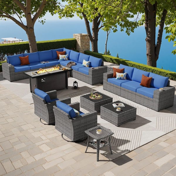 OVIOS Bissty Gray 16-Piece Wicker Wide Arm Patio 54 in. Rectangle Fire Pit Conversation Set with Navy Blue Cushions