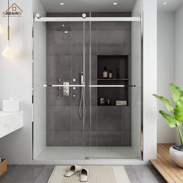 CASAINC 60 in. W x 76 in. H Frameless Double Sliding Shower Door in Chromed with Clear Shower Glass