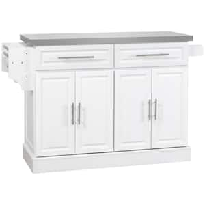 White Stainless-Steel Top 57 in. Kitchen Island with Casters, Spice, Knife and Towel Rack