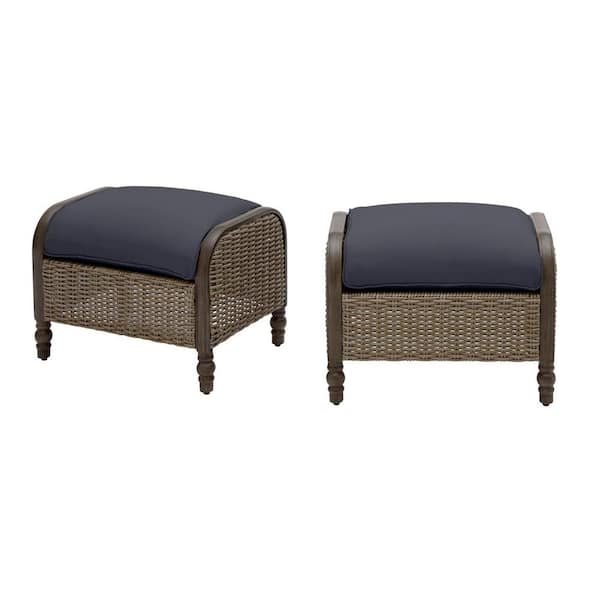 Hampton bay cambridge brown wicker outdoor patio ottoman with standard midnight outlet navy blue cushions