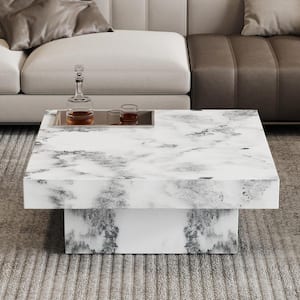 31.4 in. Square Faux Marble Top Coffee Table with Storage for Living Room, Light Grey